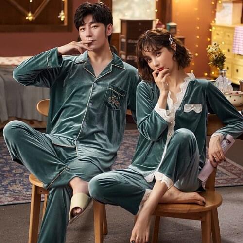 Lovers Autumn Winter Velour Pajamas Set Sleepwear Couple Pyjamas Gold Velvet Top And Pants Nightwear Long Sleeve Homewear