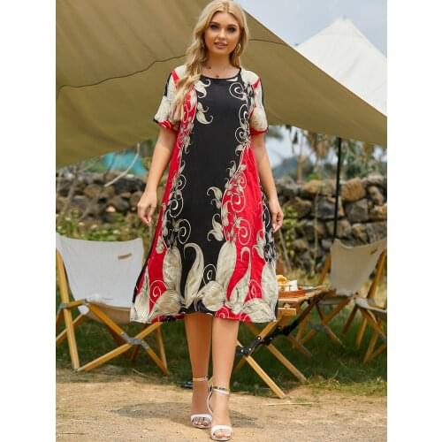 Summer Dress Women Robes XL To 4XL Plus Size Midi Print Color Stitching O-neck Short Sleeve Big Swing Party Dress