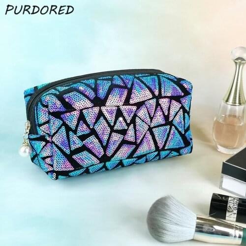 PURDORED 1 Pc Women Geometric Sequins Makeup Bag Travel Solid Color Cosmetic Bag Zipper Makeup Storage Bag Female Beauty Case