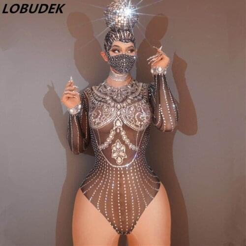 Long Sleeve Black Rhinestones Transparent Bodysuit Stretch Tights Bar Nightclub DJ Singer Dancer Pole Dance Costume Stage Wear