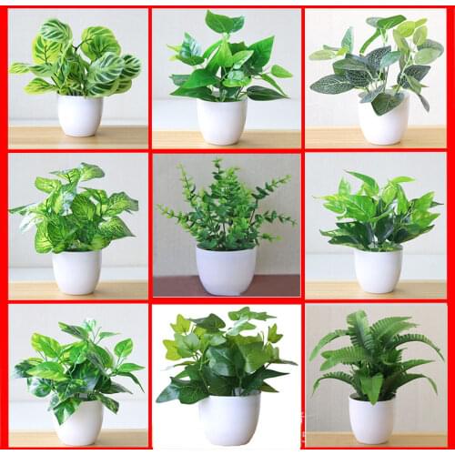 Green Artificial Leaves White Potted Bonsai Home Garden Bedroom Decoration Fake Plants Bonsai Desktop Table Ornament