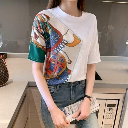 Fashion Print Patchwork White T-shirt Short Sleeve Womens Summer Clothing 2021 New Temperament Versatile Casual Tees Tops