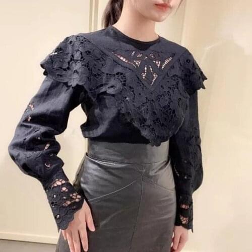 100% Linen 2021 Spring and Autumn New Solid Color Round Neck Crochet Embroidery Lace Stitching Shirt Women