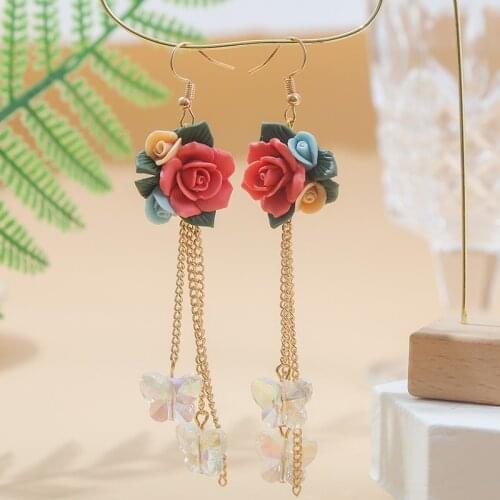 Trendy Ladies Handmade Red Clay Flower Dangle Earrings For Women Gold Color Metal Chain Crystal Butterfly Drop Earring Jewelry