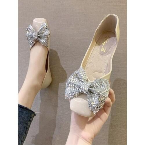 Square head single shoes women 2020 new autumn bow rhinestone flat bottom female peas shoes non-slip womens shoes