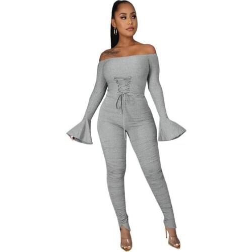 Womens Pleated Skinny Long Jumpsuit & Romper Off The Shoulder Lace Up Drawstring Overall Slash Neck Flare Sleeve Sheath Outfit