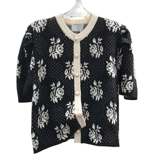 VSUE Women Top Knitted Floral Black White Cardigan Summer Short Sleeve B0572