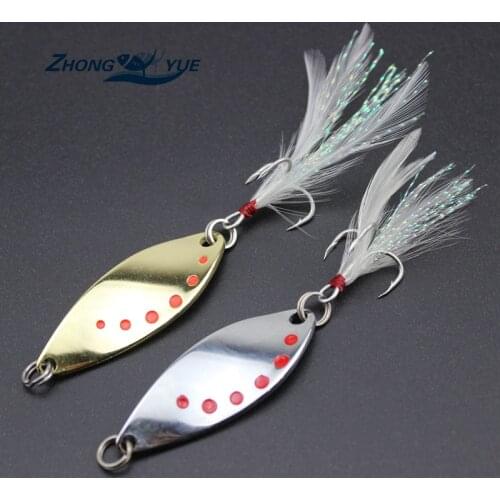 5PCS Metal Spinner Spoon Fishing Lure Hard Baits Sequins Noise Paillette with Feather Treble Hook Tackle 5g 10g Free shipping
