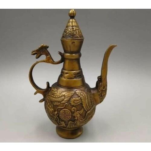 8''brass copper carved auspicious beast animal dragon phoenix cup jar pot teapot
