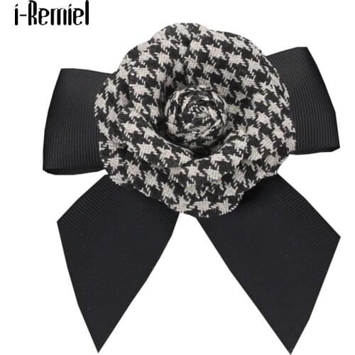 Korean Cloth Black Flower Camellia Bow Tie Brooches Jewelry Luxury Large Neckpin Bowtie Collar Pin Gifts for Women Accessories