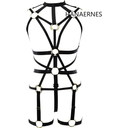 HANAERNES Black Gothic Sexy Tights Body Cage Lady Bar Pole Dance Belt Body Girdle Underwear Set womens suspenders