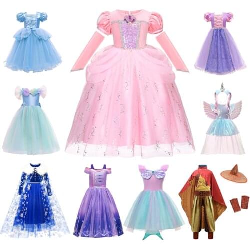 Disney Mermaid Princess Girls Dress New Fancy Snow Queen Elsa Cosplay Costume Kids Cinderella Dresses Unicorn Clothing For Party