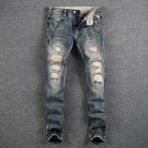 Streetwear Fashion Men Jeans Retro Embroidery Slim Ripped Jeans Men Trousers Italian Vintage Designer Cotton Denim Long Pants