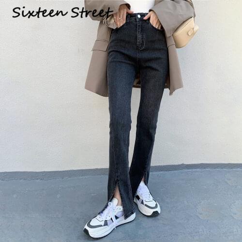 Elegant Fashion Denim High-Waist Flare Jeans For Women Side Split Vintage Female Long Pant Capris Korean Style Trousers New 2020