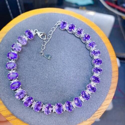 Elegant 100% 925 Sterling Silver Oval Cut Natural Amethyst Created Moissanite Gemstone Luxury Bracelets Bangle Fine Jewelry Gift