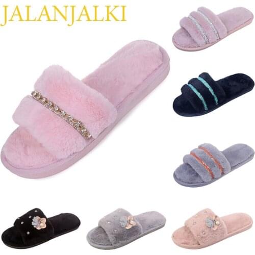 JALANJLAKI Fashion Women Winter Slippers Warm Fur Flat Ladies Home Shoes Candy Color Accessories Non-slip Flip-flop Girl Sandals