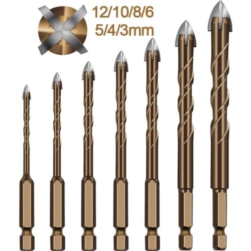 Quality 3/4/5/6/8/10/12mm Cross Hex Tile Bits 1/4" Alloy Glass Ceramic Concrete Hole Opener Alloy Spiral groove Triangle Drill