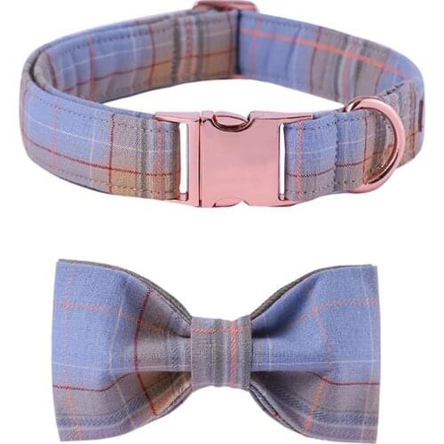 Plaid Dog Collar Perro Leash Set With Bow Tie Basic Dog Cotton Dog &Cat Necklace Pet Product Wedding Gift