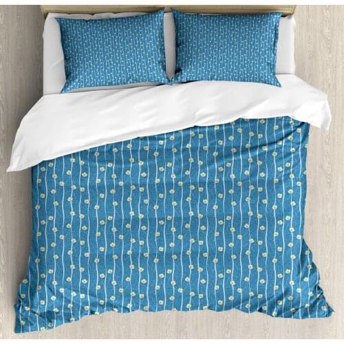 Floral Duvet Cover Set Illustration of Strips with Flowers and Swirls 3 Piece Bedding Set Turquoise Baby Blue