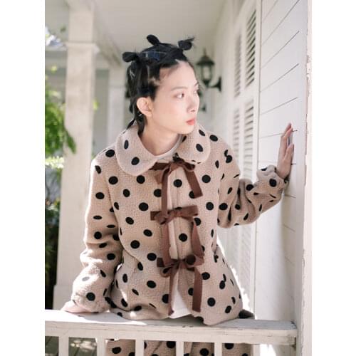 Imakokoni lamb wool print short coat original design female autumn and winter thickening casual loose doll collar