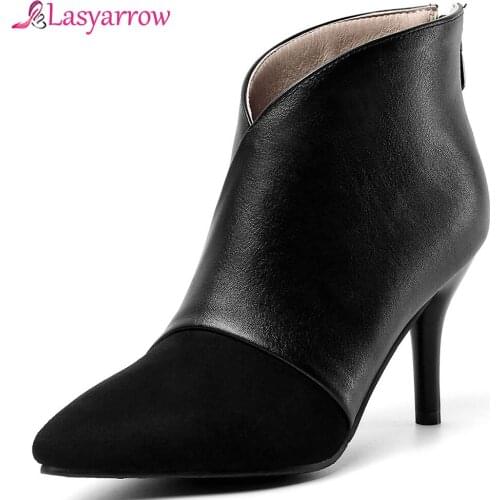 Lasyarrow Autumn Winter Sexy High Heels Patchwork Flock Pu Pointed Toe Stiletto Black Brown Booties Ankle Boots Footwear J1019