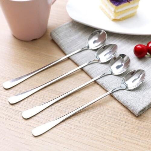 Long Handle Round Stainless Steel Coffee Scoop Dessert Spoons Cooking Mixing Stirr Salad Spoon Fork Tableware