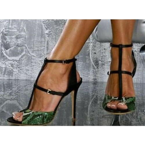 Moraima Snc Womens Sexy Peep Toe T-Strap High Heels Sandals Ladies Summer Club Party Shoes Snakeskin Patchwork Thin Heels Shoes