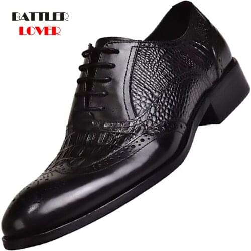 Crocodile Genuine Leather Men Brogue Shoes Pointed Toe Formal Shoes Luxury Elegant Male Dress Shoes for Wedding Party Plus Size