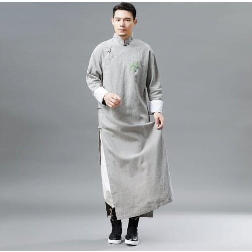 Spring Autumn New Embroidered Bamboo Long Gown Men Chinese Ethnic Style Long Hanfu Robe Ancient Ethnic Linen Cotton Clothing Man