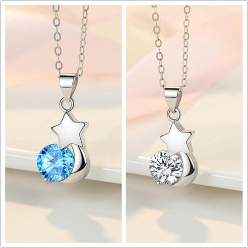 Bright Crystal Star Moon Pendant Necklace For Girl Jewelry Trendy Silver 925 Necklace Women Chain Clavicle Accessories Female