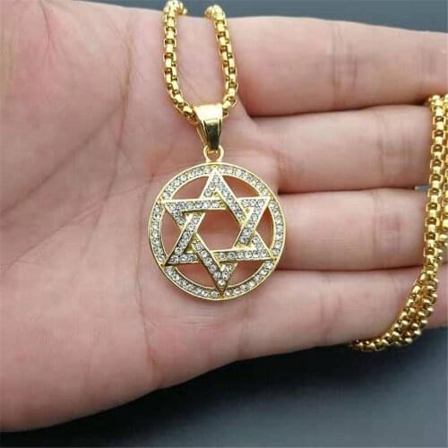 Hip Hop Iced Out Magen Star of David Pendant Necklace Stainless Steel Judaica Necklace Gold Color Israel Jewish Jewelry