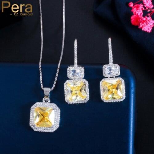Pera Shiny Yellow Square Cut CZ Crystal Pendant Necklace and Earrings Jewellry Sets for Ladies Costume Prom Party Jewelry J418