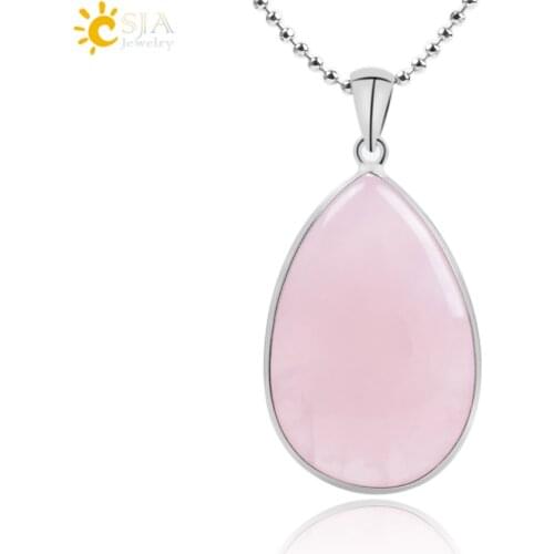 CSJA Reiki Natural Water Teardrop Drop Pendants for Necklace Green Aventurine Pink Crystal Quartz Chakra Pendulum Jewellery F041
