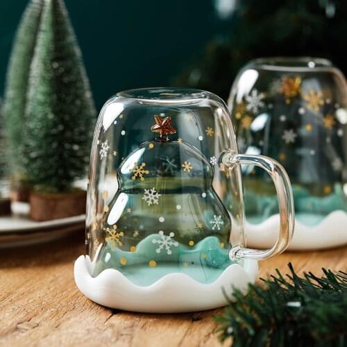 Christmas Glass Cup Mug Heat-resistant 300ML Creative Double Layered Glass Cup Coffee Mug with Lid Cute for Christmas New Year