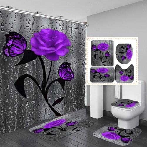 Purple Rose Print 3D Shower Curtain Set Waterproof Polyester Bathroom Curtain Anti-slip Bath Mat Set Toilet Rugs Carpet