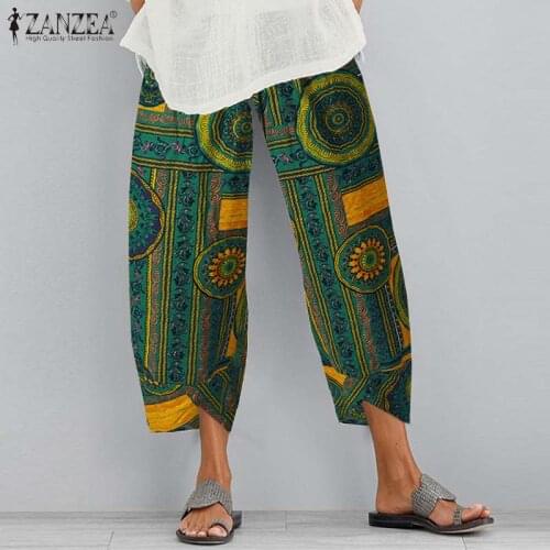 2021 ZANZEA Women Pants Summer Trousers Casual Vintage Printed Harem Pants Loose Pantalon Cotton Linen Turnip Palazzo