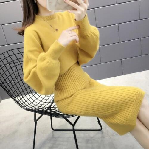 Autumn Winter Womens Long Sleeve Pullover Sweater+Strap Dress Sets Solid Color Knit 2 Piece Set Ladies Casual Knitted Suit 1600
