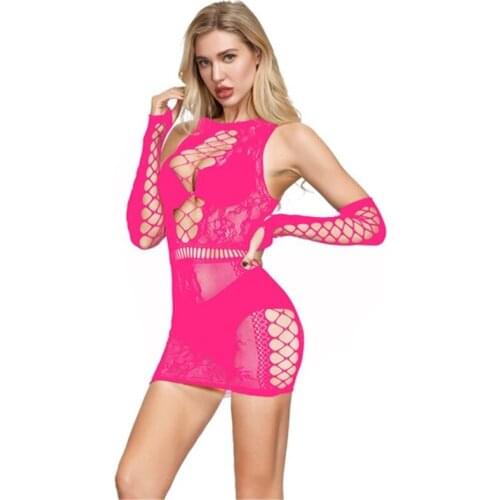 Ladies Mini Dress Lingerie Erotic Fishnet Bodystockings Open Bust Seductive Bodysuit Plus Size Hollow Out Intimo Women Clubwear