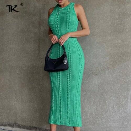 Knitted Summer Womens Dress 2021 Sleeveless Green O-Neck Sexy Solid Long Dresses For Women Slim Fashion High Wist Sinny Robe