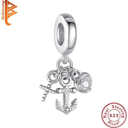 BELAWANG 100% Sterling Silver Jewelry Sailing Cross Charm Fit Original Bracelet For Women Romantic Bead Party Gift