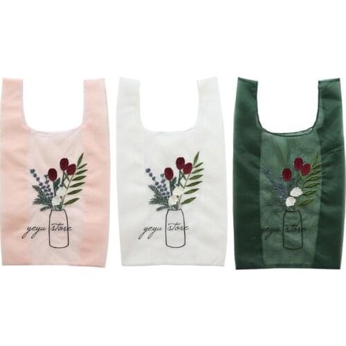 3 Colors Women Transparent Tote Organza Yarn Beach Bag Flower Embroidery Handbag 20CA