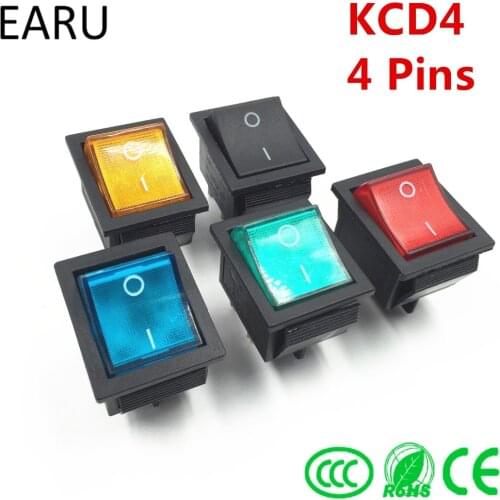 Latching Rocker Switch Power Switch I/O 4 Pins With Light 16A 250VAC 20A 125VAC KCD4 DPST Red Yellow Green Blue Black Boat
