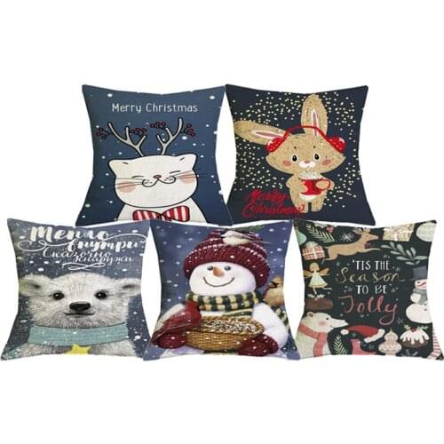 C01097 Cute Christmas Animal Print Cushion Cover New Year Decoration Home Throw Pillows Xmas Cat Elk Snowman Pillow Covers