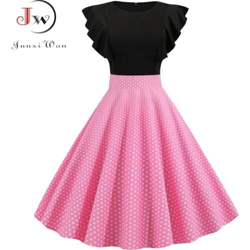Elegant Dot Vintage Dress Summer Women Petal Sleeve High Waist Pink Midi Party Dress Casual 2021 Rockabilly Vestidos Robe Femme