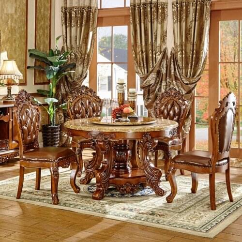 European round marble dining table and chair combination, American solid wood oak round table hotel dining table, one table and