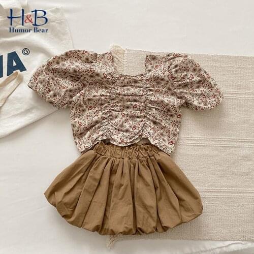 Humor Bear Girls Clothing Set Summer NEW Puff-Sleeve Floral Printed Shirt+Skirt 2pcs Sweet Toddler Kids Clothes