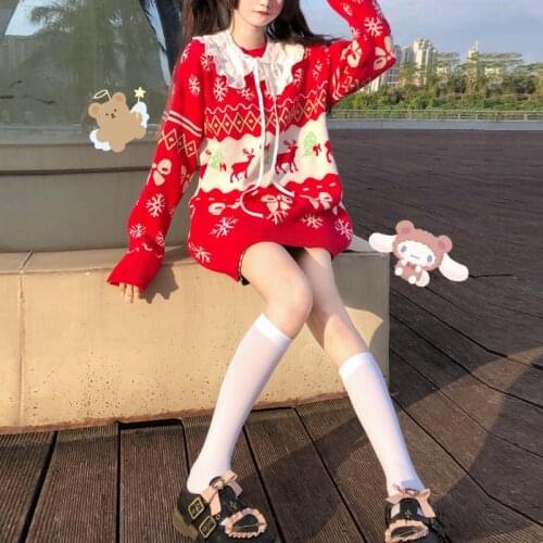 Cute Kawaii Cartoons Print Pullover Ugly Christmas Sweater Women Winter Loose Vintage Red Sweater Knit Tops Girl Christmas Gift