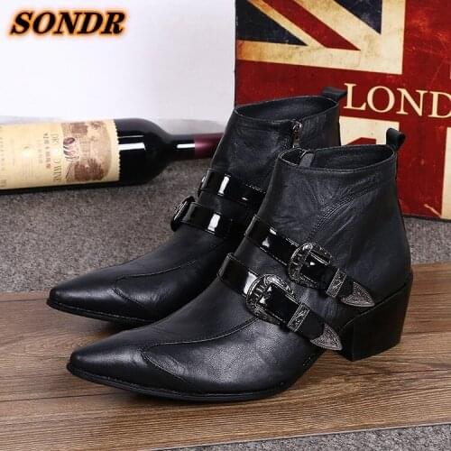 Men Leather Martin Boots Spring Retro Style Genuine Leather Black Simple Fashion Double Buckle Strap Ankle Boots Sepatu Pria