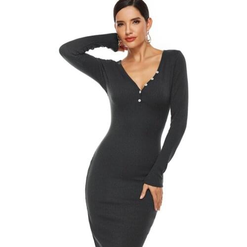 Autumn and Winter Ladies New Sexy Fashion Long-sleeved Bag Hip V-neck Office Dress