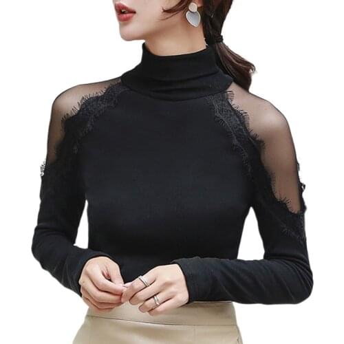 Autumn Long Sleeve Lace Blouse Women 2021 New Fashion Solid Blouses Women Casual Office Lady Turtleneck Slim Women Shirts 11093